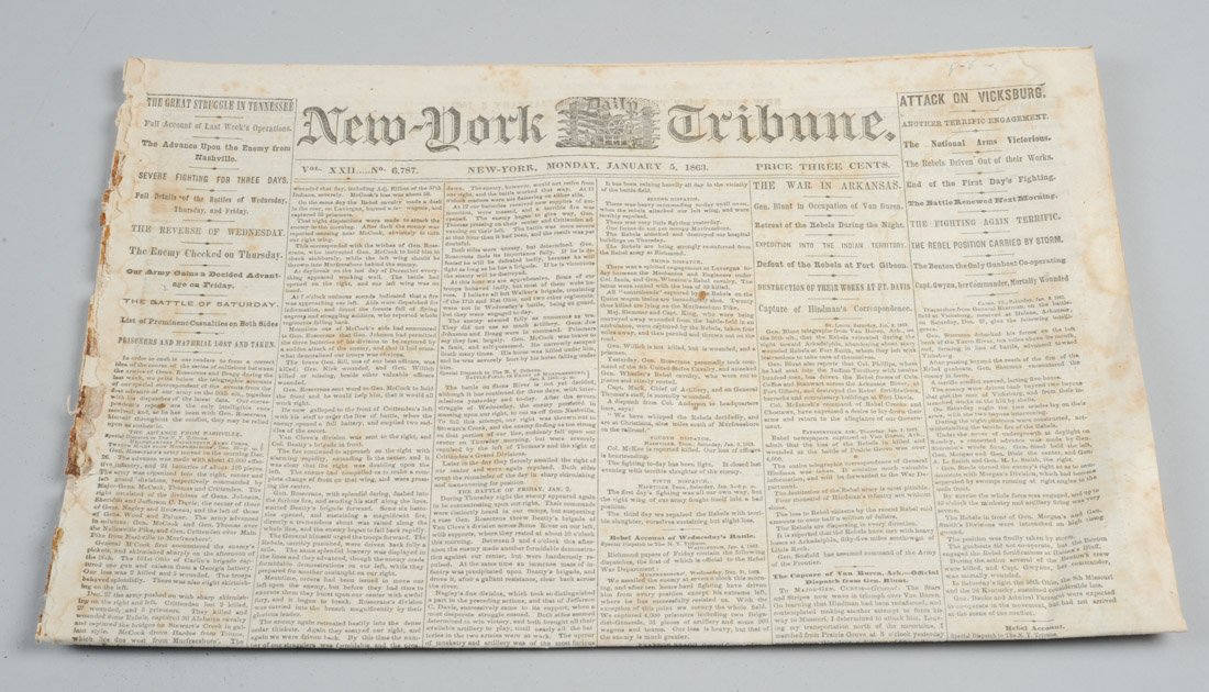 Lot Civil War Newspapers: To include an uncut Jan. 11, 1862 issue of Frank Leslie's Illustrated Newspaper which includes a double page illustrated spread on the 23rd Pennsylvania in Camp at Camp Graham, illustrations of Gen. S