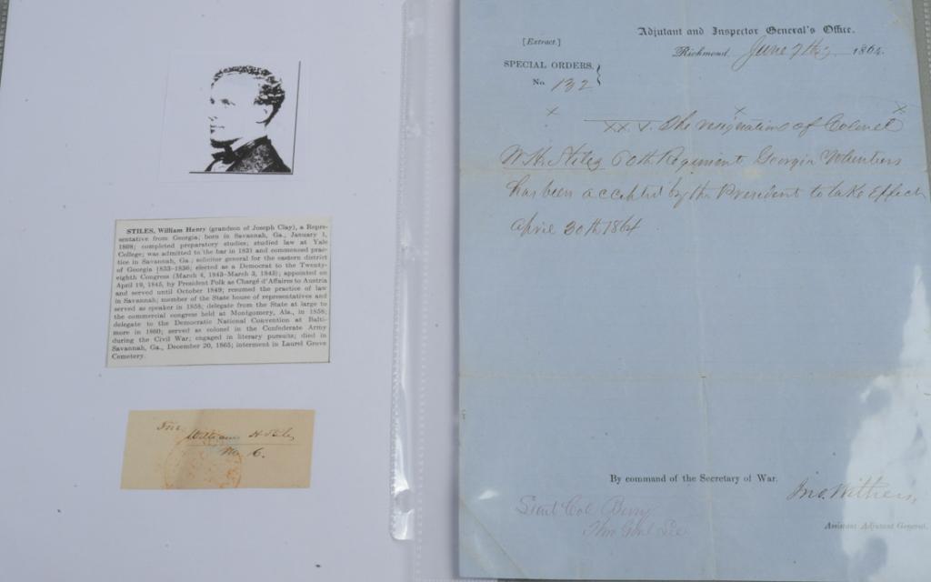 Confederate Military Document+ Signatures: Special Orders signed by Assistant Adjutant General John Withers, accepting the resignation of Colonel W. H. Stiles, (William Henry Stiles 1808-1865) 60th Regiment Georgia Volunteers. Handwritten text