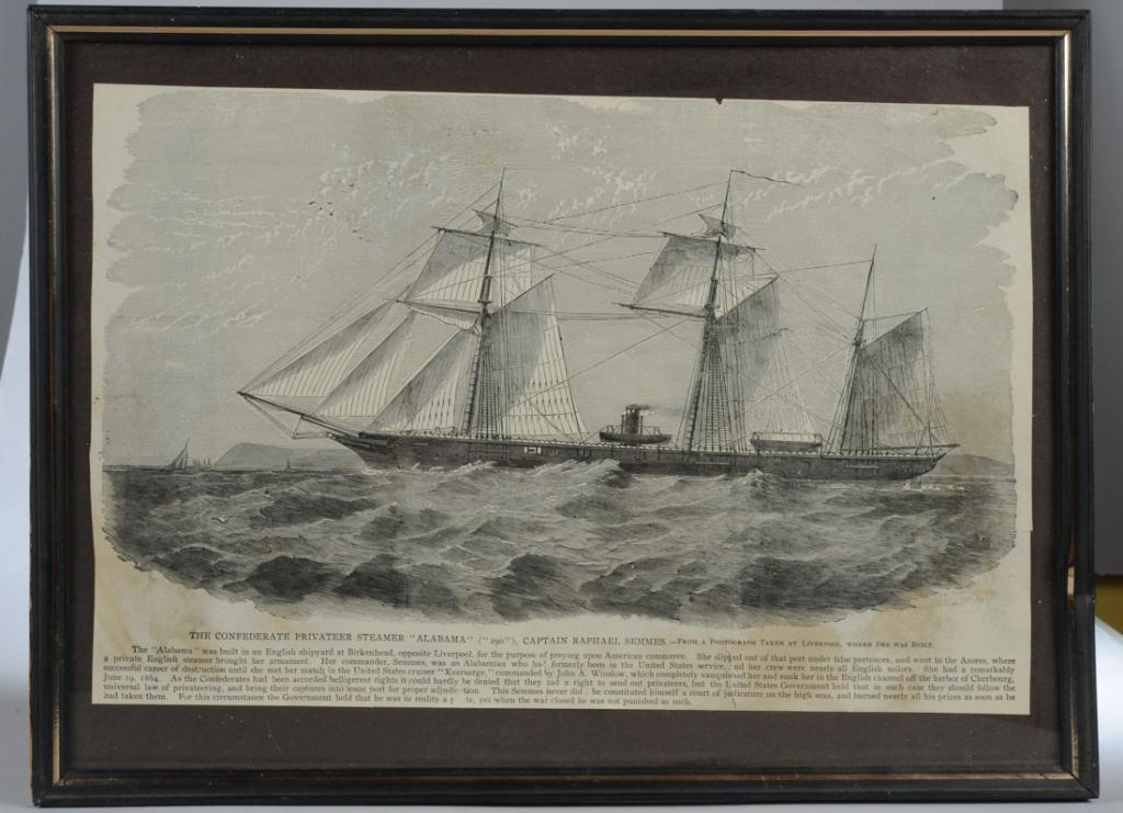 Engraving of Confederate Steamer "Alabama": Line engraving of a ship captioned: "The Confederate Privateer Steamer 'Alabama' ('290'), Captain Raphael Semmes -- from a photograph taken at Liverpool, where she was built". Below caption a history