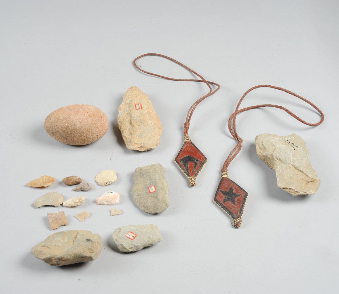Native American Dug Artifacts+: Lot to include two braided and tooled leather & rawhide pendants or lanyards, likely Native American, age unknown. Offered together with collection of Native American stone tools, arrowheads and point