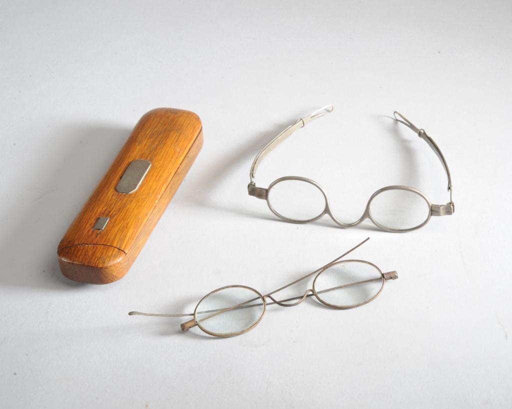 Glasses Belonging to Named Civil War Captain: 19th C. steel rim glasses in wood case, the case with engraved silver name plate reading: Capt. McIntosh U.S.N., believed to be Captain James McIntosh, Naval Commander of the U.S.S. Richmond during th