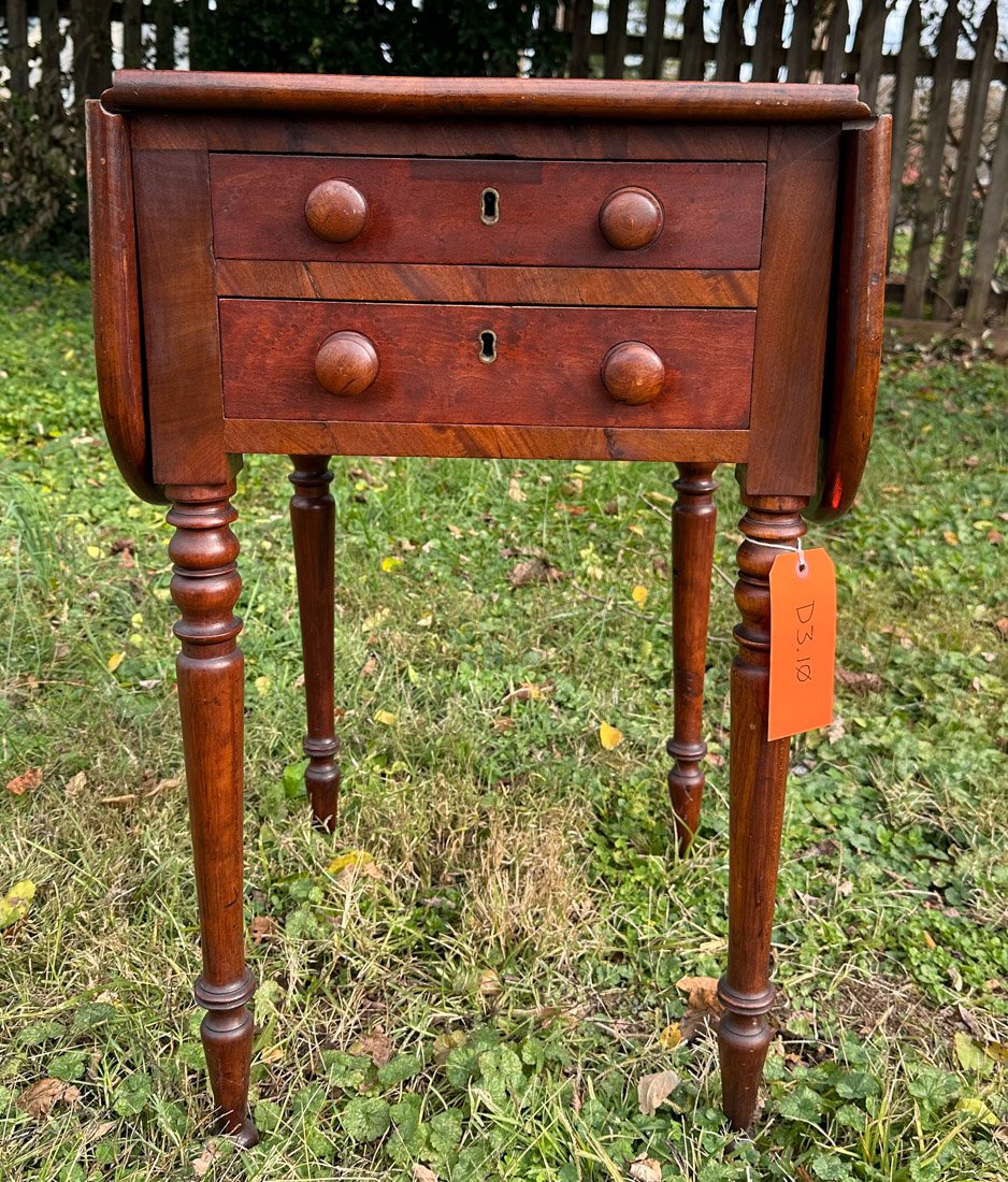 Federal Cherry Work Table, R.E. Lee Connection?: Early 19th C. drop leaf two drawer work table with turned legs. Approx. 19 1/2" L x 18" W (closed) x 30 1/2" H. This piece was donated to the Virginia Historical Society many years ago by the Stewart�