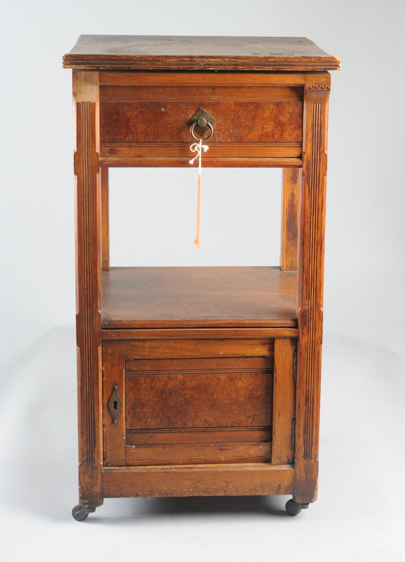 19th C Mixed Woods Nightstand R.E. Lee Connection?: Chestnut and burled walnut single drawer night stand with shelf and lower door-front compartment. Top detached and with ink and other stains; losses to side trim, door broken. Poor condition but of in