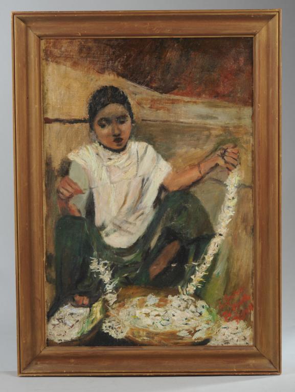 Erminia Locatelli Oil on Canvas: Painting of a girl making flower garlands by Erminia Locatelli, widow of the renown Italian painter Romualdo Locatelli, who disappeared in 1943 at the age of 37 when out bird watching in the Philippin