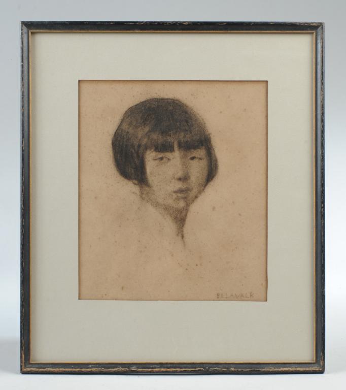 Ella Snowden Valk (1866 - 1943) Charcoal Portrait: Charcoal on paper portrait of a lady by Ella Snowden Valk (American, 1866 - 1943), signed lower right, some foxing and discoloration, matted and framed.Visible image: approx. 10 1/2" x 9".Frame: appro