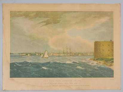 After W. G. Wall, New York from Governors Island: c1940 Haggard & Co. reproduction of the c.1823 color aquatint by English-born American John Hill (1770â€“1850,) after a painting by Irish born artist William Guy Wall (1792-after 1864.) Caption r