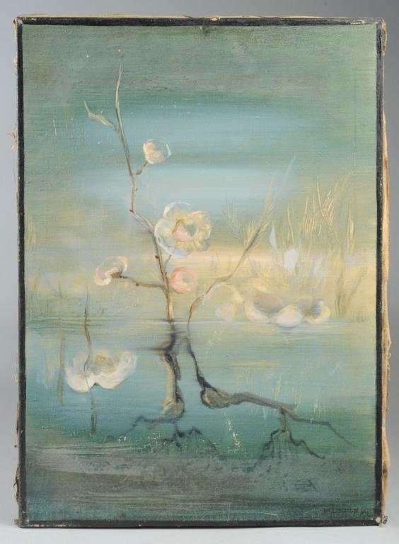 Iran Darroudi (1936 - 2021): 1973 oil on canvas with flowers in the artist's dreamlike modernist style. Signed lower right. Notations in Farsi or Arabic stretcher. Handwritten label on stretcher reads: "Verhoutt (Sold) Shiraz 16-
