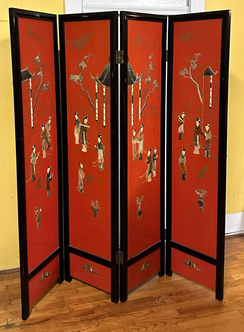 Vintage Chinese Coromandel Screen: Four panel screen with figures of maidens and vases of flowers in a pavilion in carved bone and colorful hardstone on a red lacquer ground, framed in black. Gilt painted detail. Each panel approx. 17 