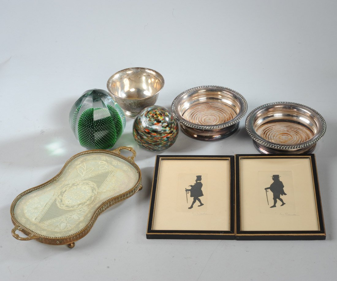 Mixed Grouping, Paperweights, Silouettes, etc.: Mixed grouping including two glass paperweights (the smaller marked for Monte Dunlavy, the larger unmarked), small S. Kirk & Son sterling footed bowl, small French brass & glass footed tray with old l