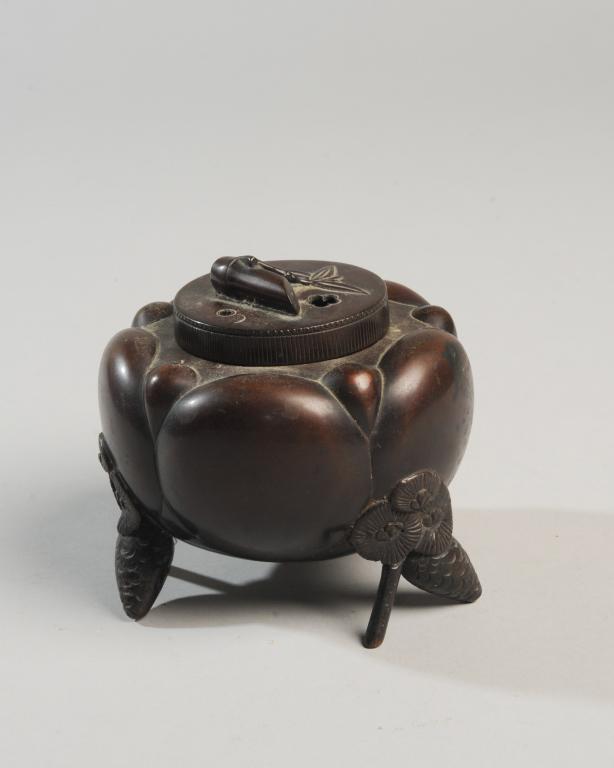 Japanese Bronze Censer: Cast in the 'three friends of winter' motif; having a bamboo-form handle, three pinecone shaped feet, and the body suggesting a plum blossom. No marks. Probably Meiji period. Excellent condition. Appr