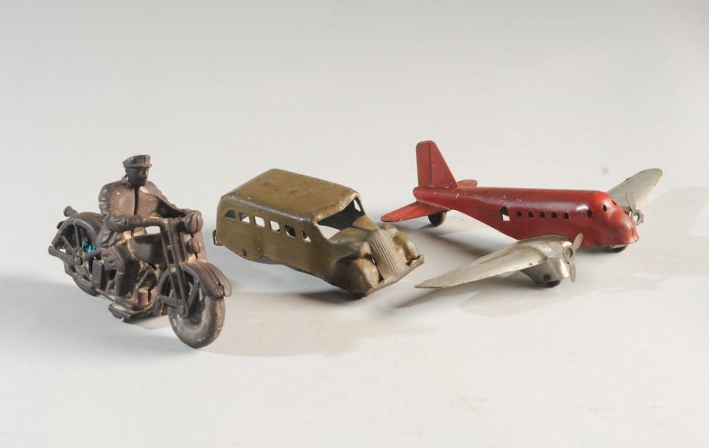 Hubley ? Motorcycle Patrol, Toy Airplane, Bus (1 of 1)