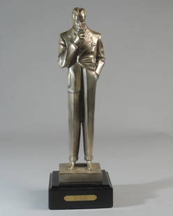 J. C. Leyendecker Sculpture, The Smoker: Chromed bronze cast after a sculpture of the famously dapper Arrow Shirt man by Joseph Christian Leyendecker (1874 - 1951) as part of an advertising campaign. Terrific art deco style. Brass plate with