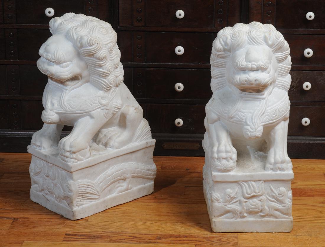 Pair Carved Marble Foo Lions 19" H (1 of 4)