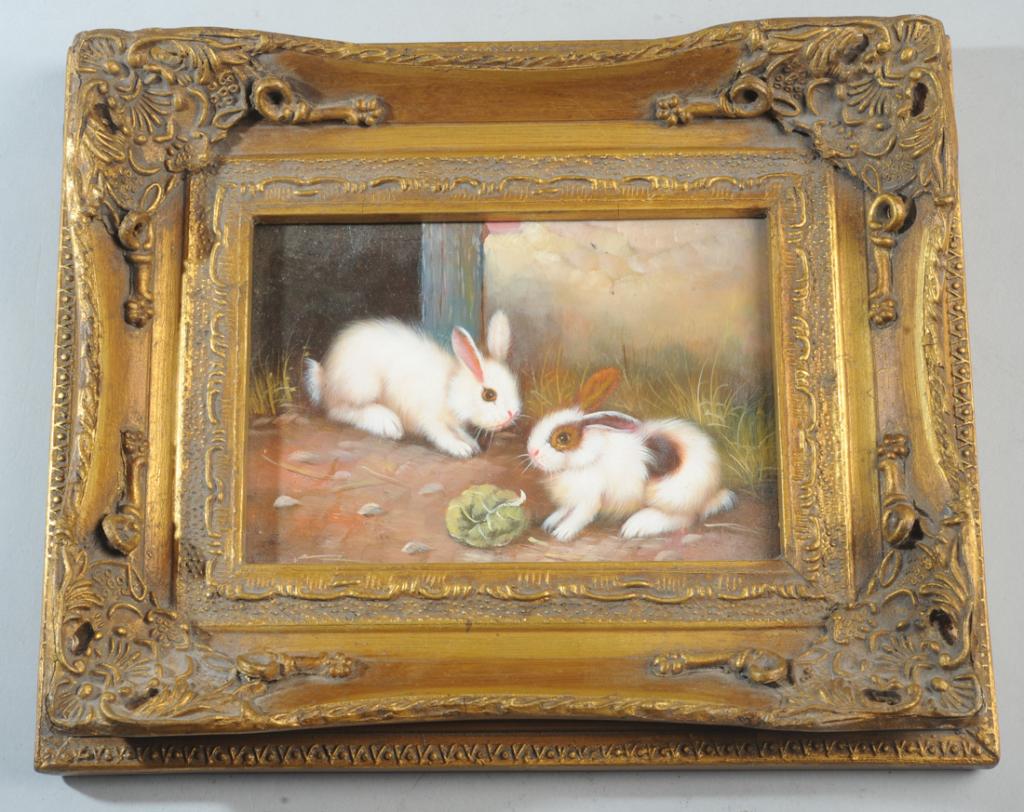 Framed Oil on Board of Rabbits (1 of 3)