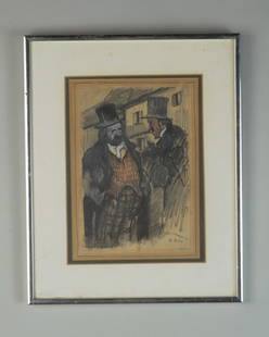 Pierre de Belay (France, 1890 - 1947): Mixed media on paper showing two gentlemen in top hats conferring on the street of a French village. Signed lower right. De Belay was born in Qimper, but moved to Paris in 1925 and stayed for the rest