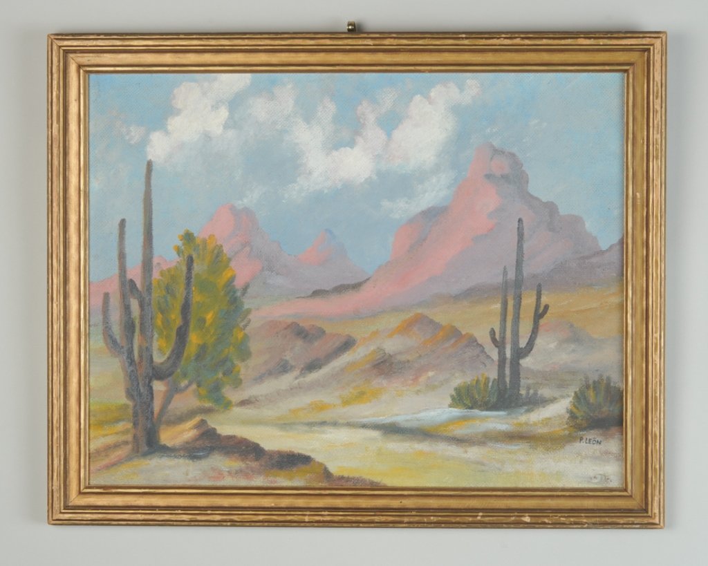 Vintage Oil Painting Desert Scene by P. Leon: Oil on masonite southwestern landscape with cacti and pink-hued mesas.Signed lower right P. Leon. Frame, approx. 22 1/2" x 18". Sight, approx. 19 1/2" x 15"