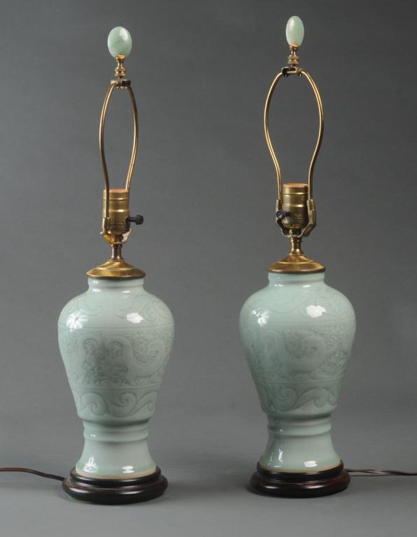 Pair Chinese Celadon Lamps (1 of 3)