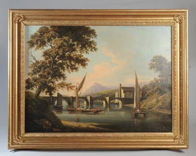 John Thomas Serres (1759-1825) Ex-Sotheby's: Oil on canvas showing a river landscape with sailboats and a bridge, mountains in the background, by British artist John Thomas Serres. Acquired from Sotheby's 11 March 1987 London sale, "British Pain