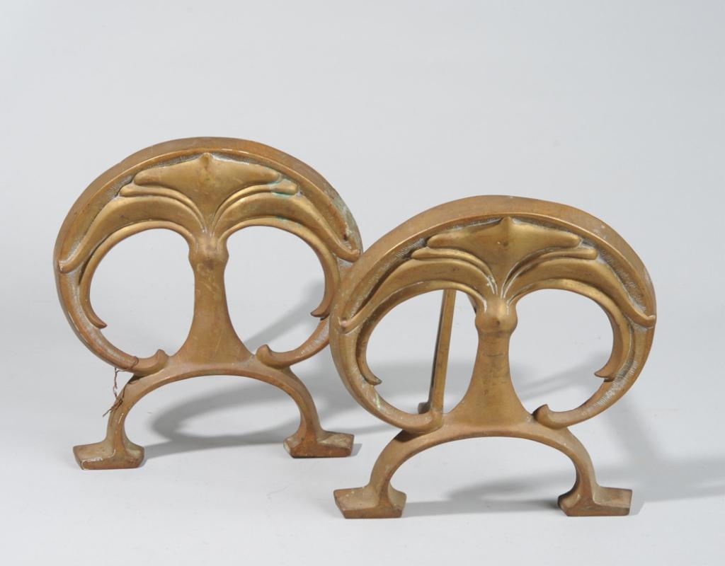 Brass Art Nouveau Andirons: Each approx. 9 1/2" in height, 8 1/4" wide, 8" deep. No marks found.