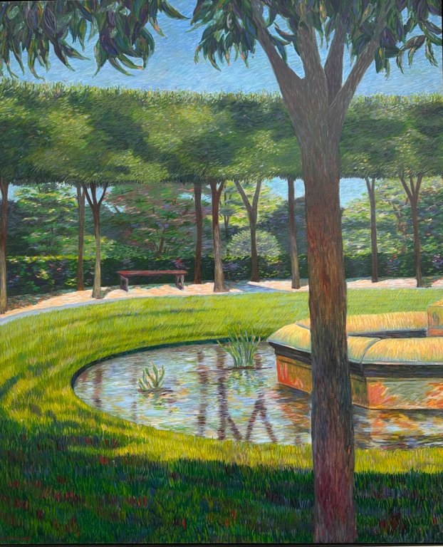 Barbara Davis Kerne Oil on Canvas: Landscape with pond, signed lower left, framed. Provenance: Deaccessioned by the Virginia Museum of History & Culture to benefit collections care, preservation and future acquisitions. Canvas: approx.