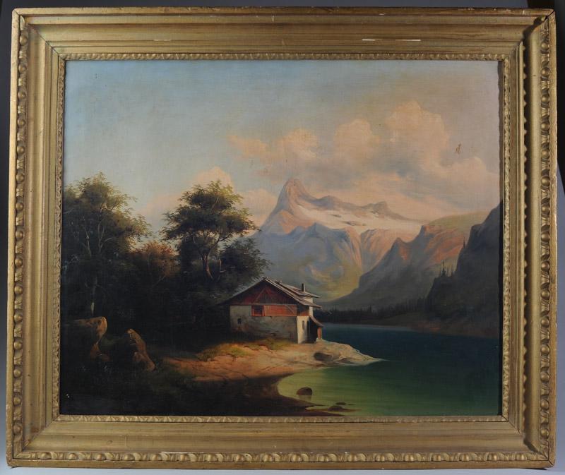 Oil on Canvas Attr. Oswald Achenbach (1827-1905): Rural mountain scene, paint missing / frayed canvas to a small spot upper right, info in German on label to verso, unsigned.Image: approx. 21" x 26 1/2".Frame: approx. 27" x 32".