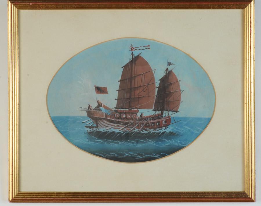 19th C. China Trade Painting Gouache on Paper: A Chinese Junk at sail, no visible signature, matted and framed, not examined out of frame.Visible image: approx. 11 1/4" x 8 1/4".Frame: approx. 16 1/2" x 13 1/2".