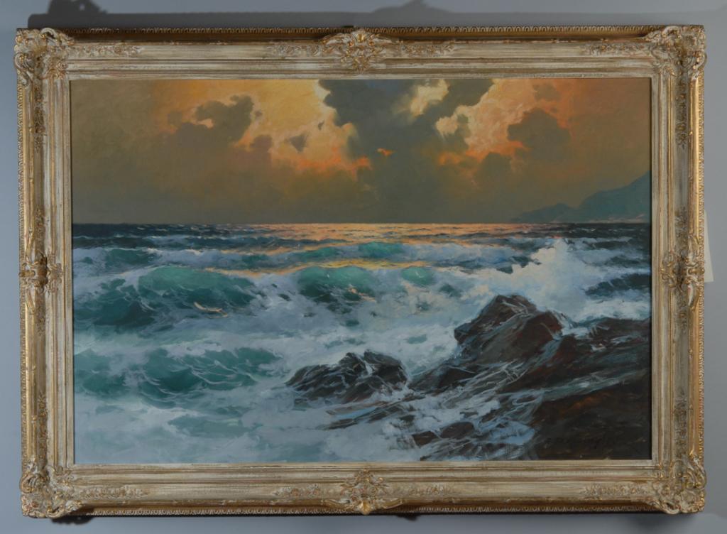 Alexander Dzigurski (1911-1995) Seascape: Large oil on canvas showing a turbulent seascape, by California artist Alexander A. Dzigurski. Signed lower right. Frame, approx. 30" x 42", sight approx. 23 1/4" x 35 1/2".