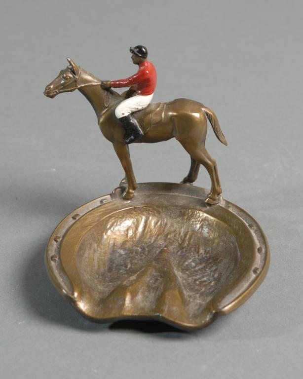 Horse & Jockey Figural Ashtray: No visible maker's marks. Approx. 4" x 4 1/4" x 4 1/4".