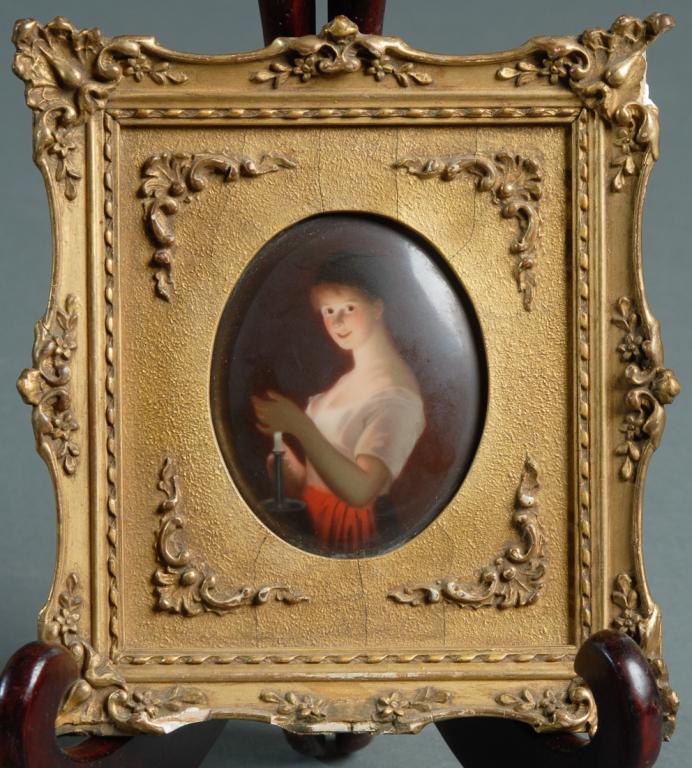 Bavarian Porcelain Plaque after Georg Hom: Gute Nacht / Good Night oval plaque in gilt frame, faint Hutschenreuther mark to verso, some damage to frame.Visible image: approx. 3" x 2 1/4".