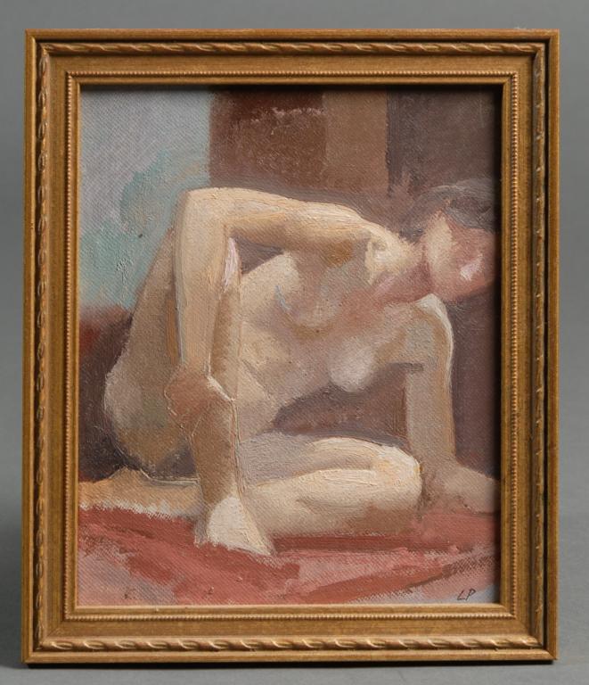 Lincoln Perry (b. 1949) Oil on Board: Female nude signed "LP" lower right, framed. Lincoln Perry is a Post Modernist, known for his murals in Old Cabell Hall at the University of Virginia. Visible image: approx. 8 1/2" x 6 7/8". Frame: ap