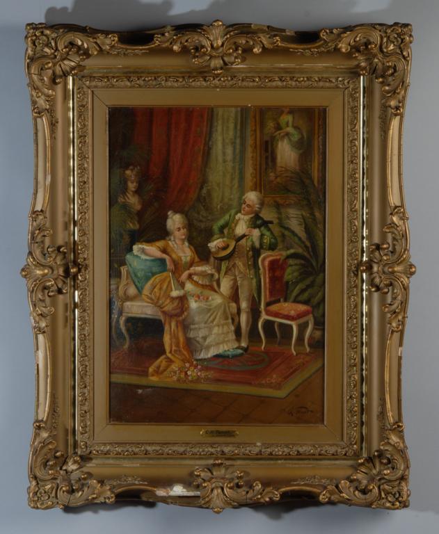 Charles Tenot (19th C) Oil on Canvas: Oil on canvas of a Paris salon scene by Charles Tenot (France, 19th C.), signed lower right, with damage including a repaired tear to upper left and a puncture / tear to lower left, damage to frame / 