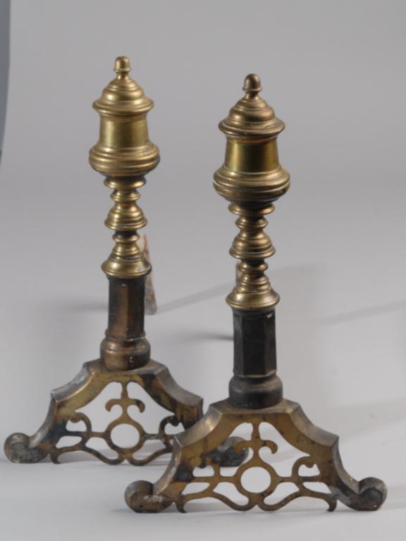 Pair of Antique Brass Andirons: No visible maker's marks, some discoloration and rust / in as-found condition.H: approx. 18".