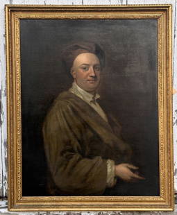 Jacob Tonson II, Ex-Christie's, Ex-Sotheby's: An oil on canvas portrait of Jacob Tonson the Younger, after the original by Sir Godfrey Kneller. Early notation in ink on top stretcher: "James Thomson by Aikman". (William Aikman, 1682-1731.) An old