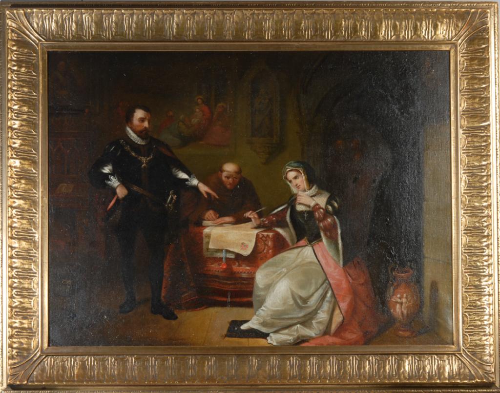 19th C. Oil Painting, 16th C. Scene: Large oil on canvas (later mounted to masonite) showing a nobleman with sword and ruff collar gesturing towards a noblewoman wearing a crucifix, her hand holding a pen and poised above a document, a t