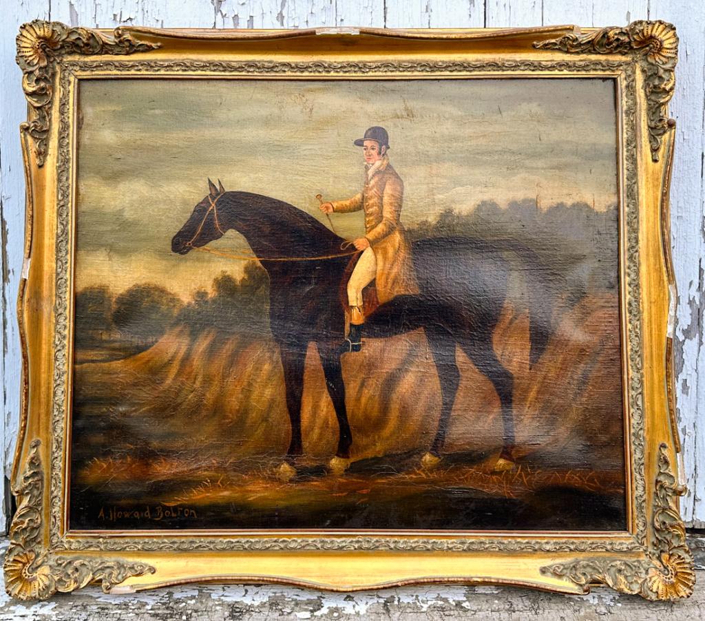 L. 19th C. Signed Oil on Canvas Horse & Rider: Signed A. Howard Bolton lower left, in gilt frame (some damage / losses to frame). Visible image: approx. 30 3/4" x 25".Frame: approx. 36 3/4" x 31".