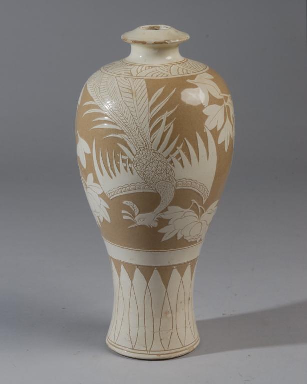 Buncheong Maebyeong Vase, Korea: Lovely Phoenix and Peonies decoration in brown and white slip. H: approx. 13 1/2".