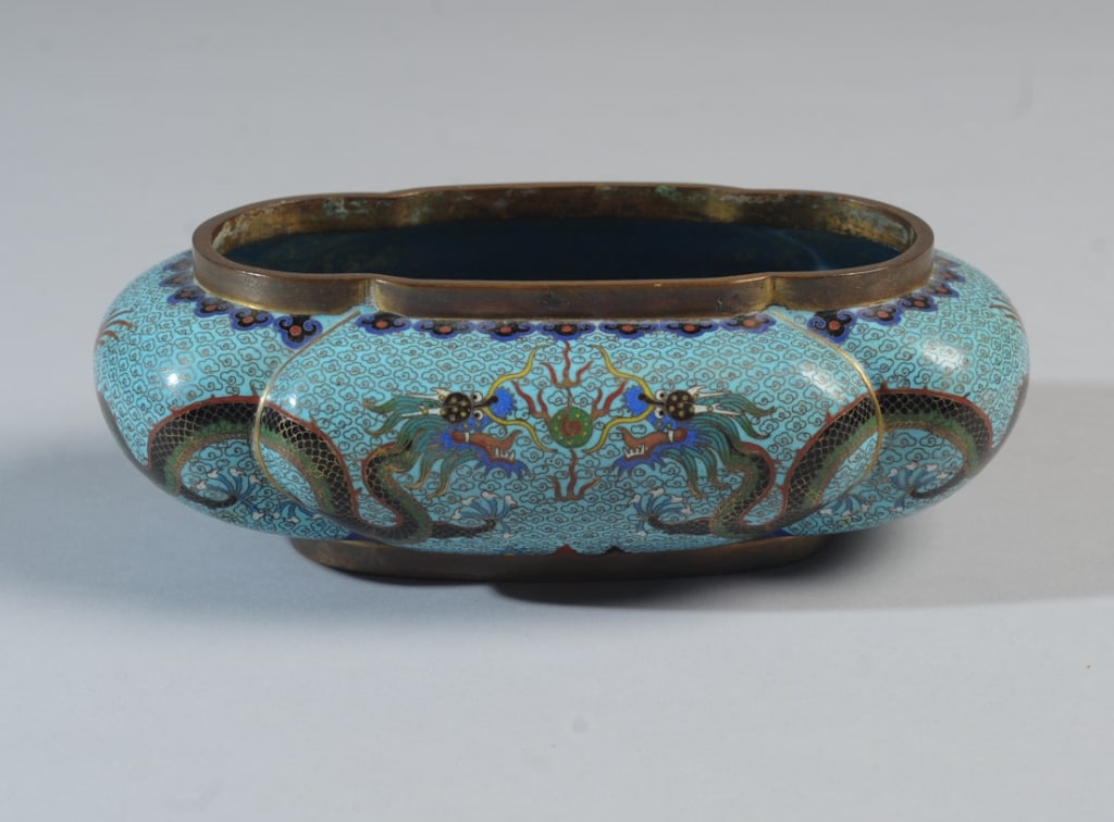 Chinese Turquoise Cloisonne Lobed Dragon Bowl (1 of 5)