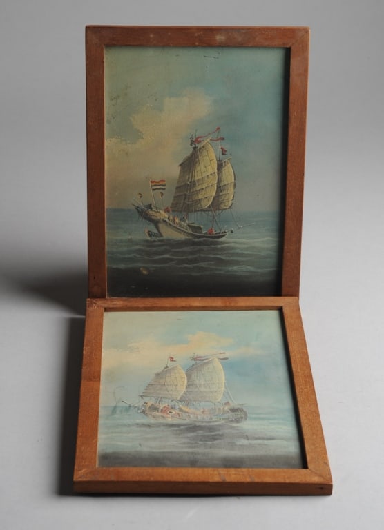 Pair Chinese Republic Paintings, Ships (1 of 4)