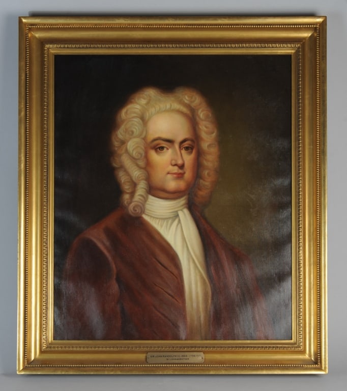 Oil Portrait of Sir John Randolph (1693-1737): Large oil on canvas portrait of Attorney General for the Colony of Virginia and Speaker of the House of Burgesses, loyalist Sir John Randolph. Painted in 1955 by Williamsburg, Virginia artist John Gue