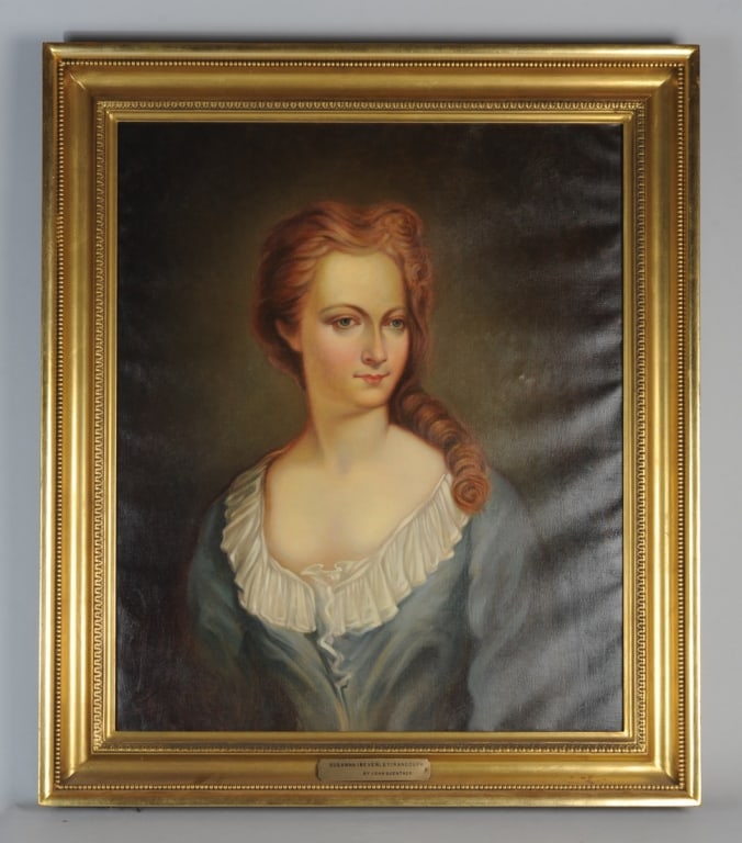 Oil Portrait of Lady Susanna (Beverly) Randolph: Large oil on canvas portrait of Lady Susanna (formerly Beverly) Randolph, (c.1692-1754,) wife of Attorney General for the Colony of Virginia and Speaker of the House of Burgesses, loyalist Sir John Ra
