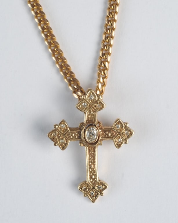 Gold & Diamond Cross Pendant and Chain (1 of 3)