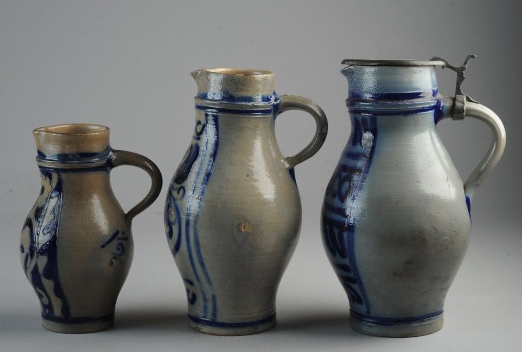 Three Antique German Westerwald Salt Glaze Vessels (1 of 11)