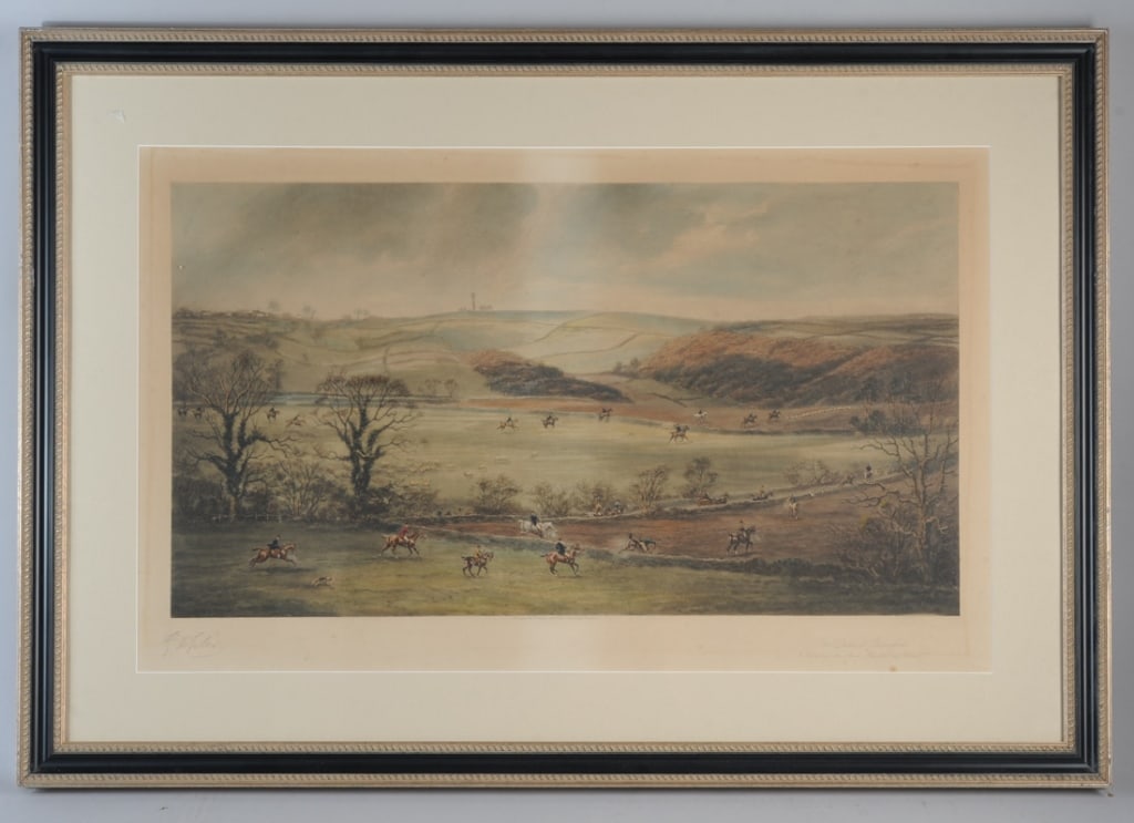 Four Duke of Beaufort Scenes: "Going to the Meet - Badminton", "Full Cry - The Brinkworth Brook", "Killed on the Open - Hawksbury Upton", "Finding a Fox in Estcourt Park", all professionally matted and framed, published February 1