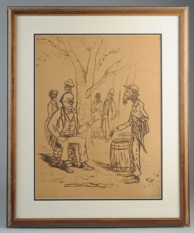 19th C. Large Drawing Historical Racist Americana: Large framed ink drawing, probably late 19th C., depicting a bespectacled white man in suit seated beneath a tree, speaking to an elderly black man near two large hogshead barrels. Two black couples s