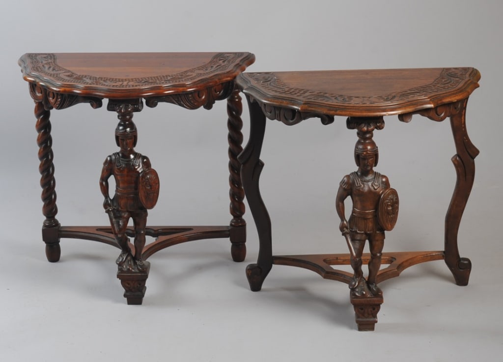 Near Pair Carved Figural Demilune Tables (1 of 5)