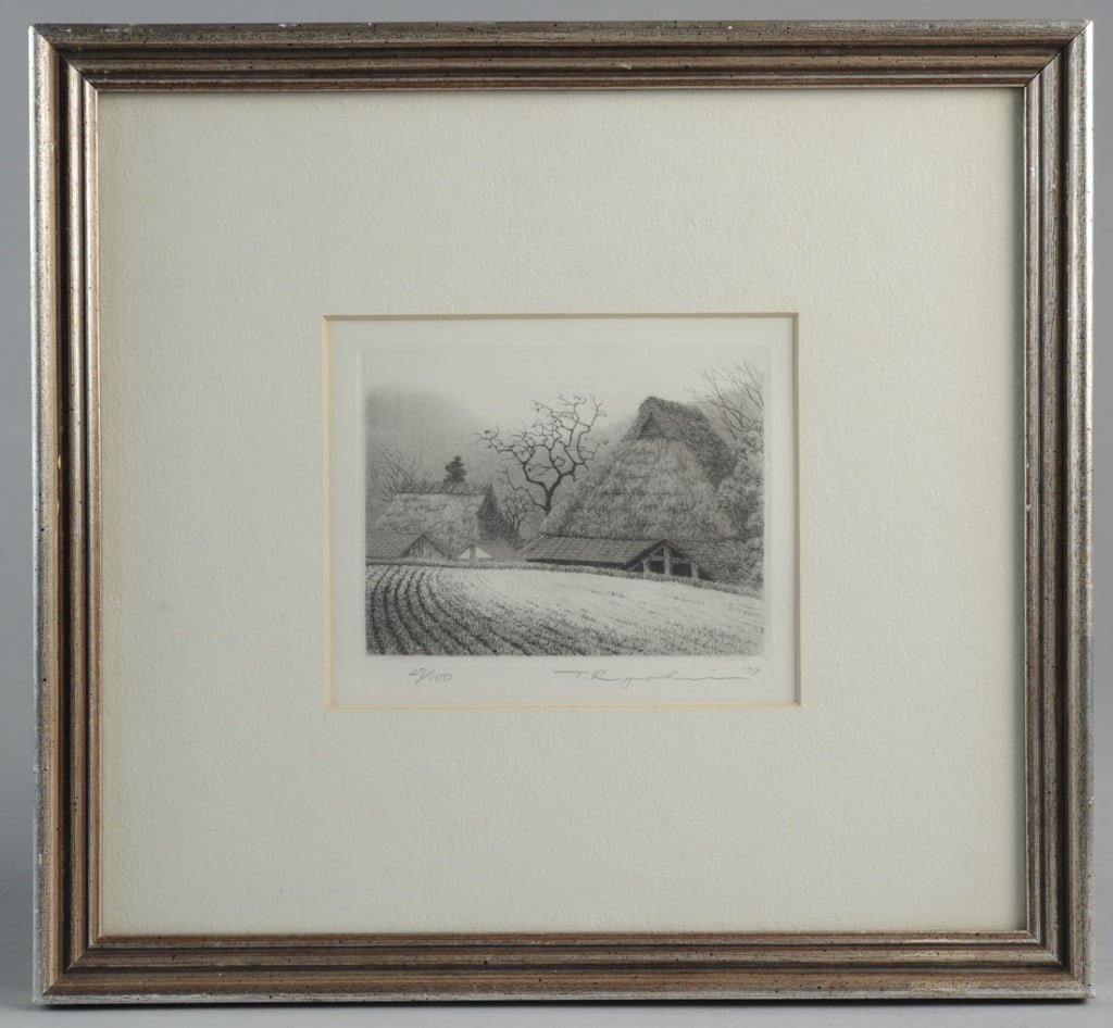 Ryohei Tanaka (Japanese, 1933-2019): "Ohara in Autumn", an etching of thatched roof farm buildings in a misty rural Japanese landscape, by Japanese artist Ryohei Tanaka. Numbered 27/100 and signed and dated in pencil, lower margin. Frame