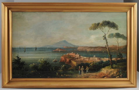 19th C. Italian School Oil on Canvas: Oil on canvas painting showing the Bay of Naples, with Mt. Vesuvius in the background, figures in the foreground. Unsigned. Canvas relined. In gilt frame. Frame approx. 26 3/4" x 17". Sight approx. 23