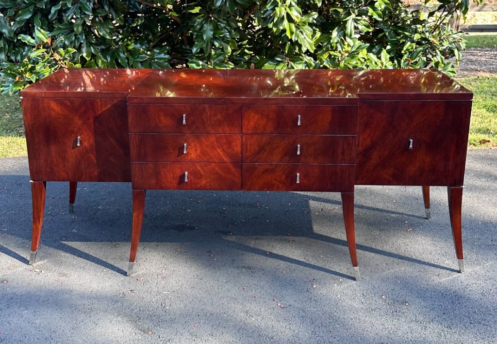 Bolier 'Rosenau' Sideboard by Michael Vanderbyl: 'Rosenau' mahogany veneer sideboard by important San Francisco Bay area designer Michael Vanderbyl for Decca's Bolier brand, with three by three drawers flanked by two doors, and with pull-out beverag