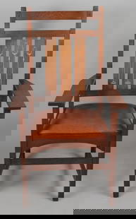 Stickley Harvey Ellis Collection Inlaid Arm Chair: Contemporary Stickley solid oak armchair with stylized floral inlay on the three back slats. Leather seat. Excellent condition. Arm approx. 25 3/4" H. Approx. 26" W x 24" D x 44" H.