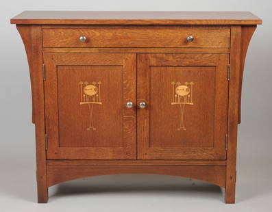 Contemporary Stickley Harvey Ellis Style Cabinet: Stickley small oak cabinet with one long drawer over two cabinet doors with Harvey Ellis Arts & Crafts style inlaid detail. With Stickley branded mark and metal tag. Excellent condition. Approx. 38" x